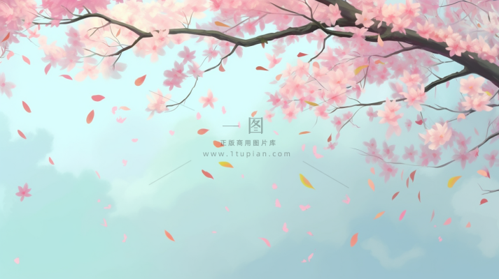 春天樱花桃花树粉色花瓣飘落卡通插画背景