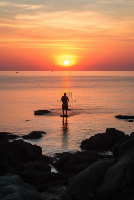 站在礁石上观赏落日的人落日余晖倒影摄影图