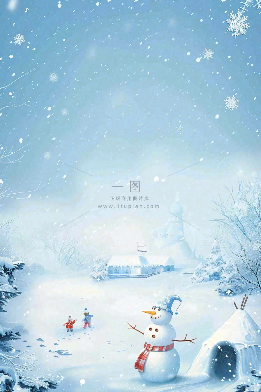 冬天白雪覆盖寒冷唯美雪景小寒插画背景