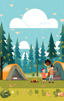 户外野外森林草原露营人们卡通插画背景 户外野外森林草原露营人们卡通插画背景
