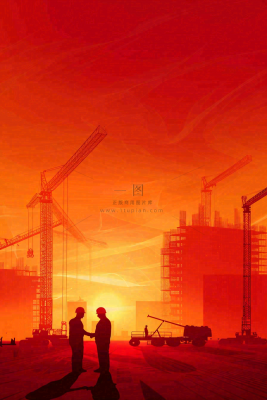 红色工地指挥工人职业人物剪影劳动节插画背景 红色工地指挥工人职业人物剪影劳动节插画背景