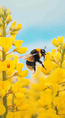 蓝天下蜜蜂在黄色花朵上，春天摄影图