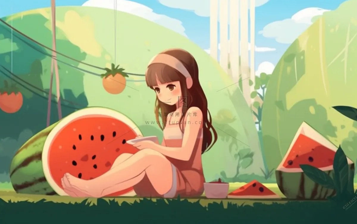 坐着西瓜草地的女孩插画背景