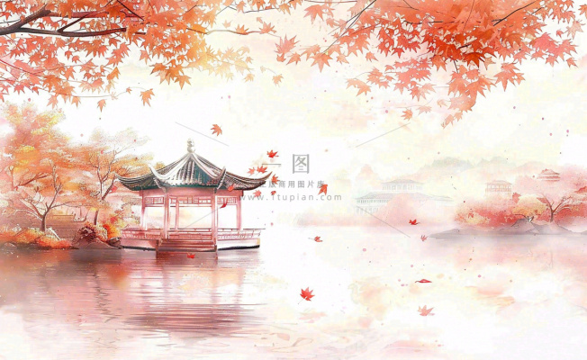 秋天红色枫叶江南水乡凉亭水墨画古风插画背景 秋天红色枫叶江南水乡凉亭水墨画古风插画背景