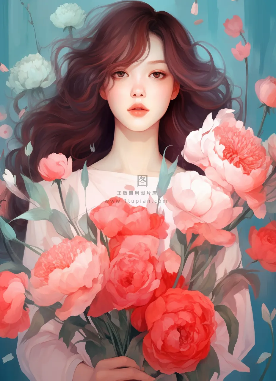 美丽少女抱着大捧粉色鲜花卡通插画