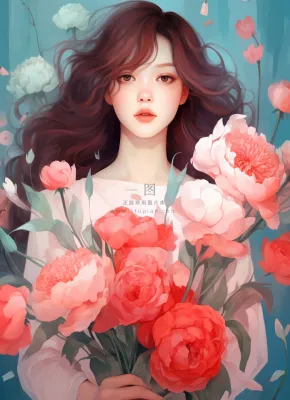 美丽少女抱着大捧粉色鲜花卡通插画