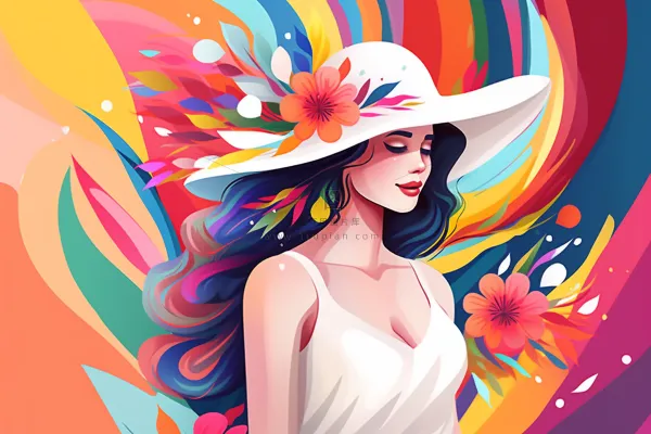 绚丽多彩戴帽子的女生背后的颜料色彩卡通插画