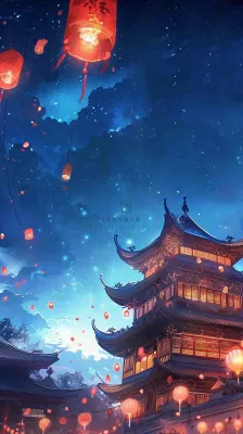 夜晚点灯孔明灯祈福中元节寒衣节插画背景 夜晚点灯孔明灯祈福中元节寒衣节插画背景