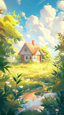 蓝天草坪上小屋房子在河流旁，河面倒影