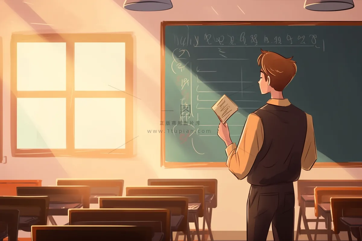 教室教学的教师书桌黑板卡通插画素材背景