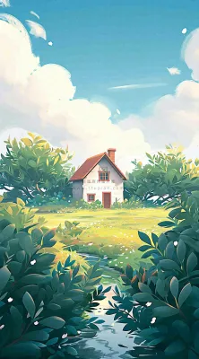 蓝天草坪上小屋房子在河流旁，河面倒影