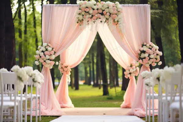 粉色婚礼布置现场户外婚礼森林摄影图