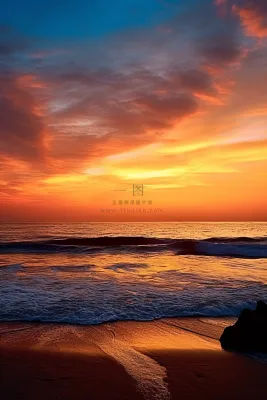 夕阳落日海边沙滩潮汐晚霞倒影美景摄影图