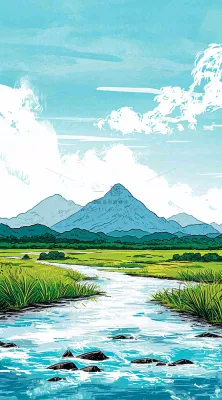 春天阳光灿烂远处的高山和田野春意盎然手绘卡通画