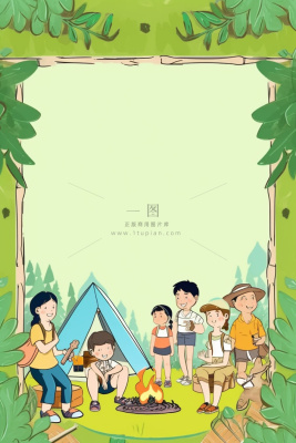 亲子露营野营游玩绿色插画背景 亲子露营野营游玩绿色插画背景