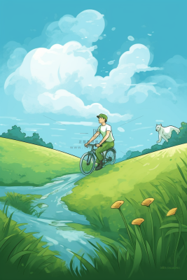 春游骑自行车的人风吹草地鲜花绿叶盛开卡通插画背景 春游骑自行车的人风吹草地鲜花绿叶盛开卡通插画背景