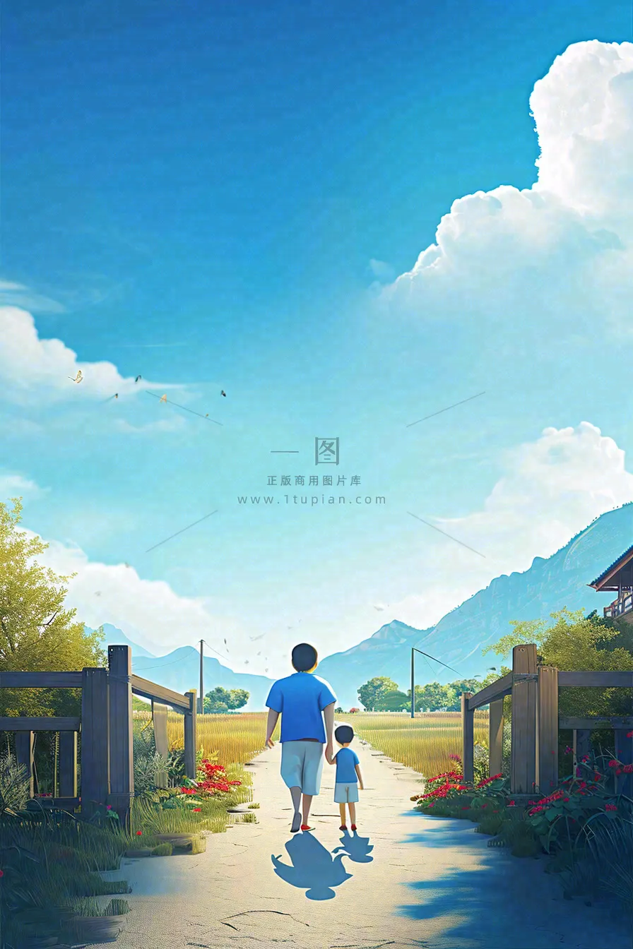 蓝天白云下行走背影,父亲节父爱温馨