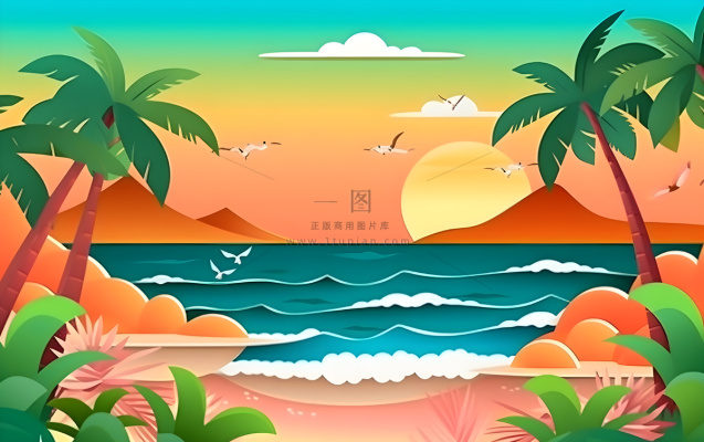 夏日海滩椰子树沙滩椅晚霞背景