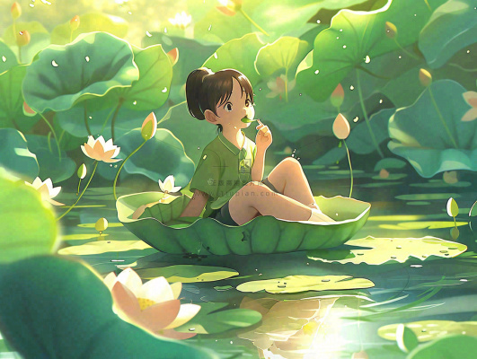 夏日清凉唯美荷花荷叶飘在水面孩童坐在荷叶上吃莲藕小暑立夏夏至大暑卡通插画处暑清凉背景