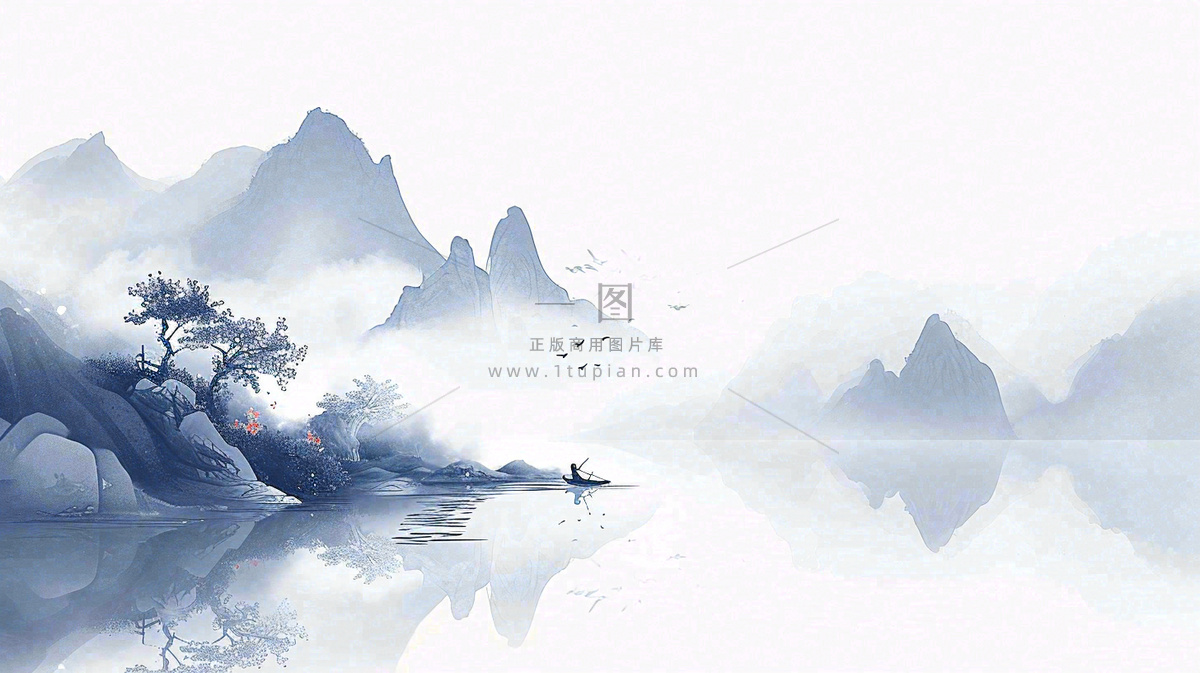 山水画简约白色河面插画手绘,中国风古风