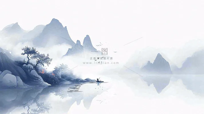 山水画简约白色河面插画手绘,中国风古风 山水画简约白色河面插画手绘,中国风古风