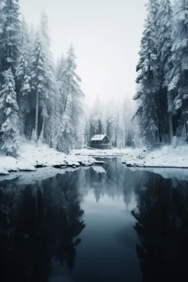 雪天森林深处的湖边小木屋摄影图