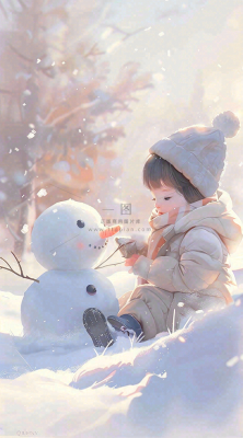 冬季白雪地堆雪人的小女孩可爱唯美大雪小雪冬至卡通插画背景