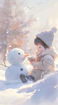 冬季白雪地堆雪人的小女孩可爱唯美大雪小雪冬至卡通插画背景 冬季白雪地堆雪人的小女孩可爱唯美大雪小雪冬至卡通插画背景
