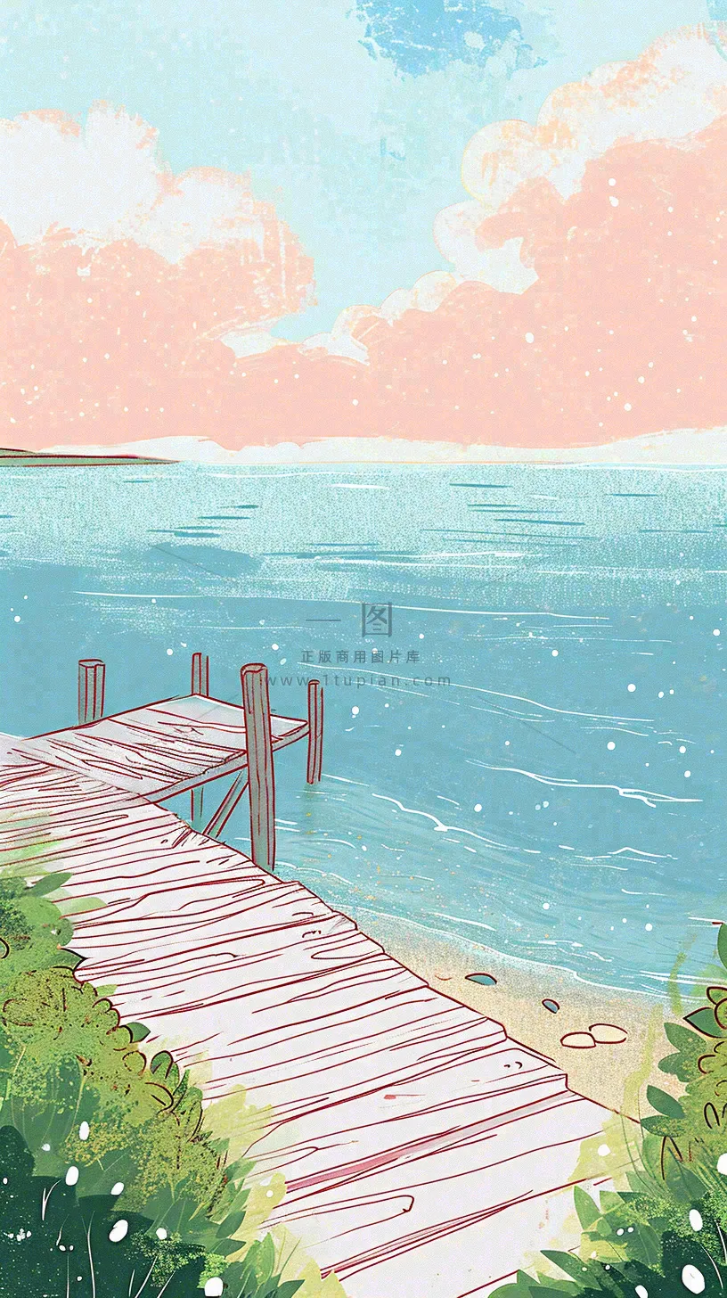 海边沙滩玩耍旅行夏日假期游玩手绘插画，可爱清新，夏至小暑大暑