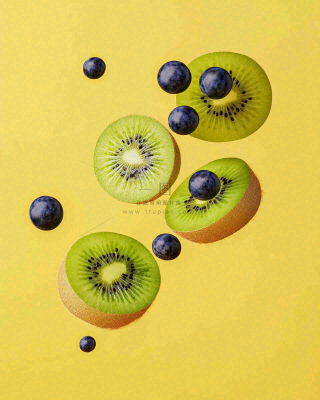 猕猴桃切片蓝莓空中漂浮水果摄影图