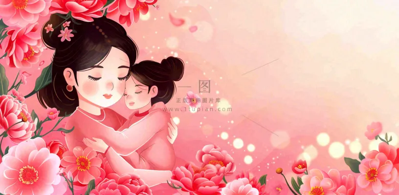 母亲节妈妈亲情抱着孩子鲜花光辉插画背景