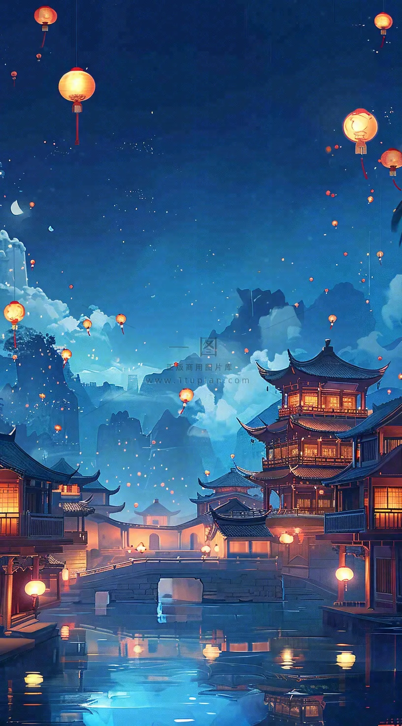 夜晚点灯孔明灯祈福中元节寒衣节插画背景