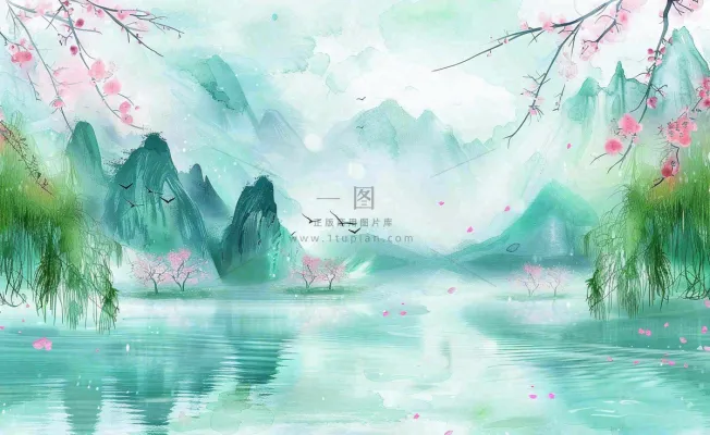 春天桃花柳树燕子清明山水国画中国风古风水雨水谷雨背景 春天桃花柳树燕子清明山水国画中国风古风水雨水谷雨背景