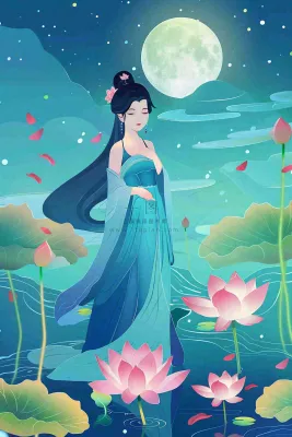 夏天古风国风古装少女荷花莲花池塘夜晚赏月夏至处暑中秋插画背景 夏天古风国风古装少女荷花莲花池塘夜晚赏月夏至处暑中秋插画背景