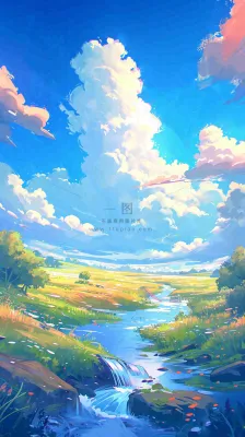 蓝天白云草地溪流春天阳光灿烂的日子春分春风，插画手绘
