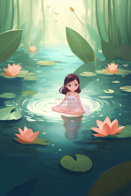 夏日女孩在睡莲荷叶水里玩水水里泛起碧波卡通插画