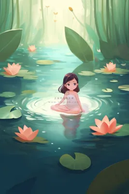 夏日女孩在睡莲荷叶水里玩水水里泛起碧波卡通插画