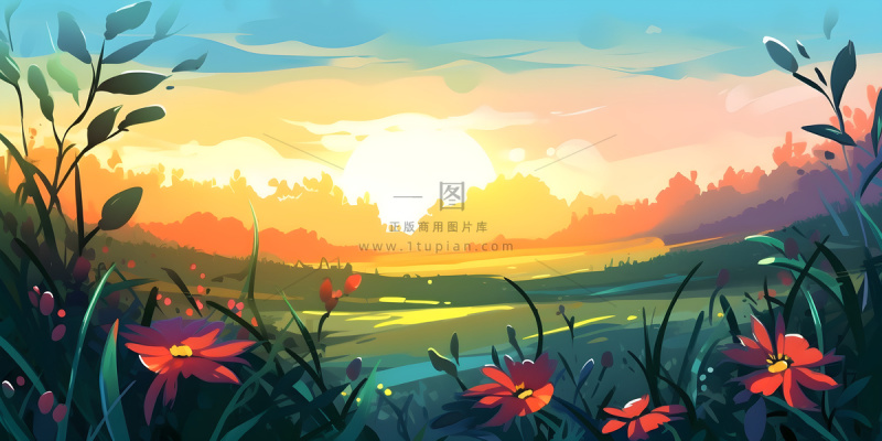 春天夕阳花丛草丛森林手绘插画海报素材背景 春天夕阳花丛草丛森林手绘插画海报素材背景