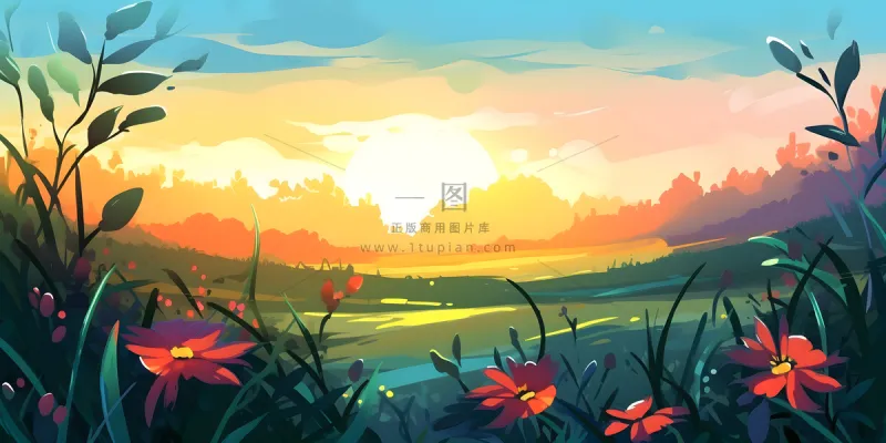 春天夕阳花丛草丛森林手绘插画海报素材背景 春天夕阳花丛草丛森林手绘插画海报素材背景