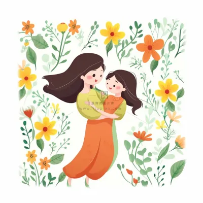 母亲节妈妈拥抱着孩子花海手绘插画素材海报背景