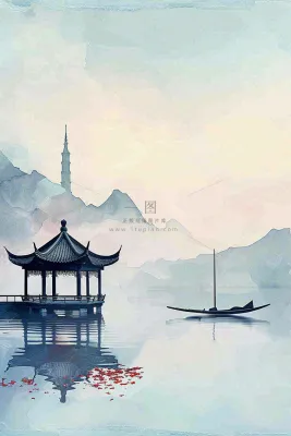 中国风山水凉亭霜降插画背景 中国风山水凉亭霜降插画背景