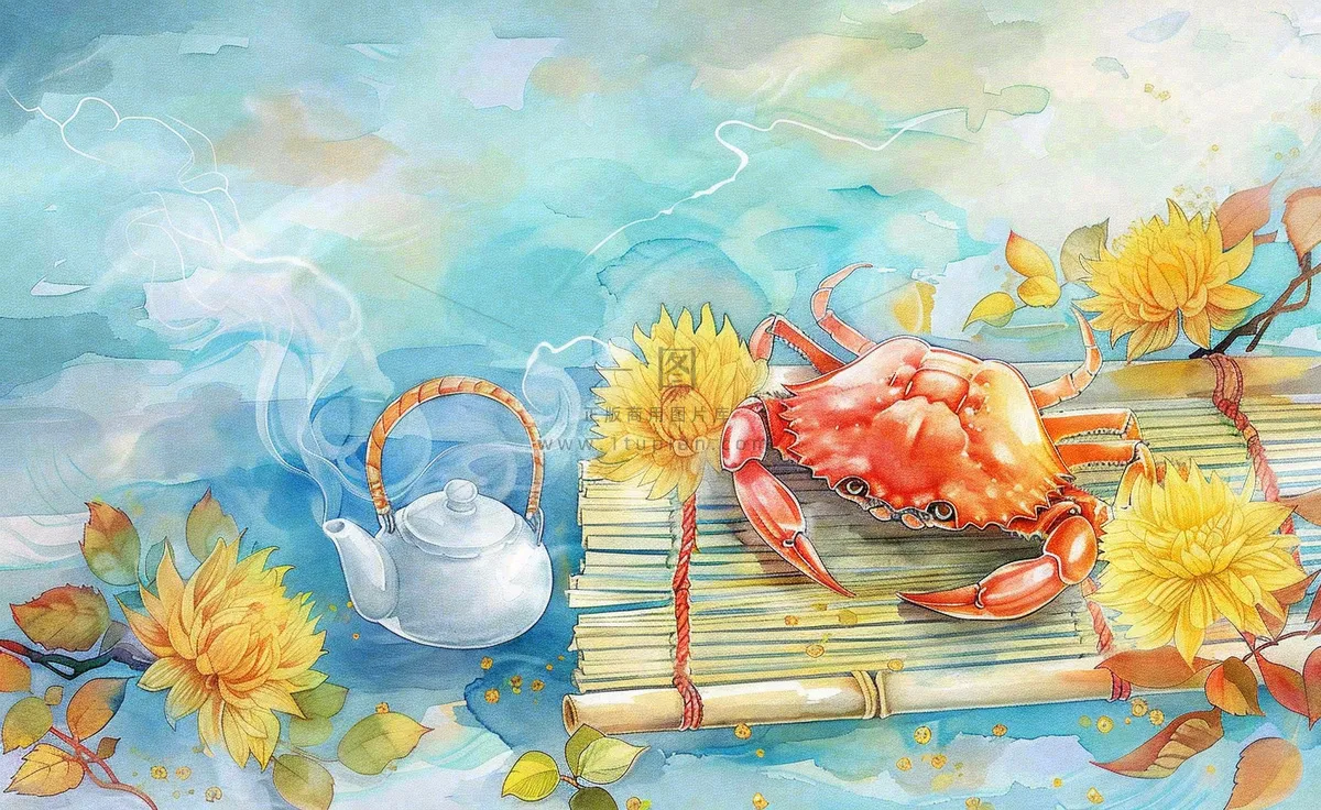 金秋螃蟹红枫叶茶壶水面涟漪中秋重阳秋分寒露水墨水彩插画背景