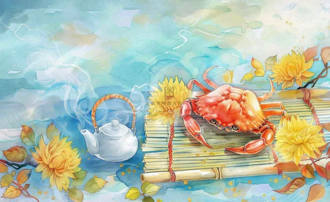 金秋螃蟹红枫叶茶壶水面涟漪中秋重阳秋分寒露水墨水彩插画背景 金秋螃蟹红枫叶茶壶水面涟漪中秋重阳秋分寒露水墨水彩插画背景