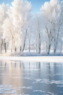 冬天雪景湖边的树木摄影图