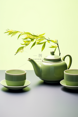 绿色茶壶茶杯植物浅绿背景墙摄影图