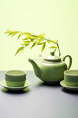 绿色茶壶茶杯植物浅绿背景墙摄影图