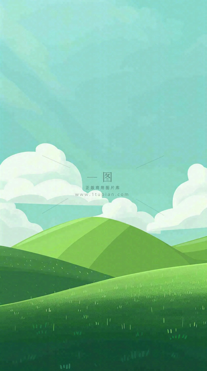 蓝天白云草地卡通扁平手绘插画春天绿色立春，春分