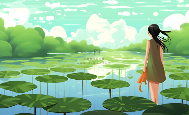 赏花荷叶睡莲女孩插画背景