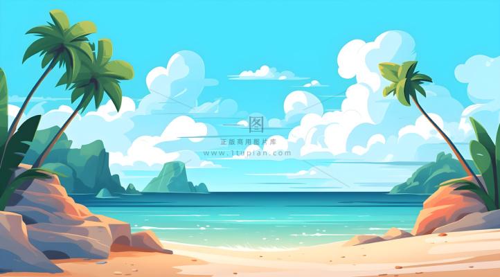 海滩上有棕榈树、岩石、沙子和水，海滩上有云，充满活力的卡通风格，极简主义背景插画背景