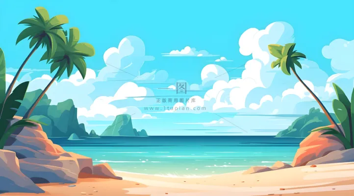 海滩上有棕榈树、岩石、沙子和水，海滩上有云，充满活力的卡通风格，极简主义背景插画背景